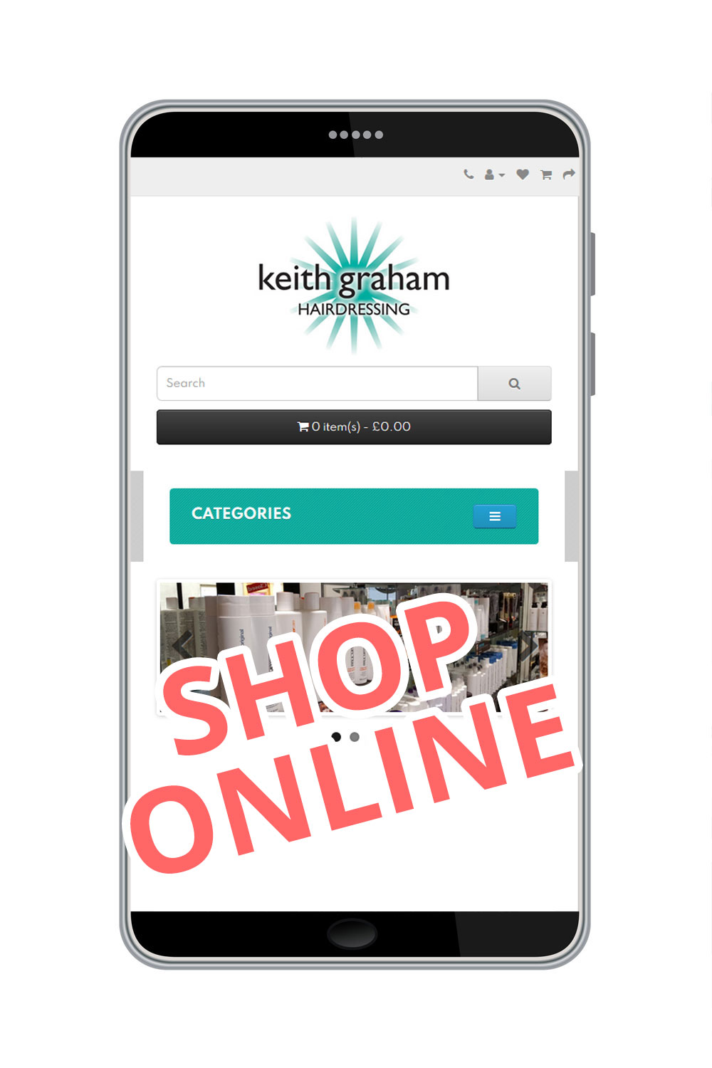 Image of the Keith Graham Hairdressing online shop displayed on a mobile phone
